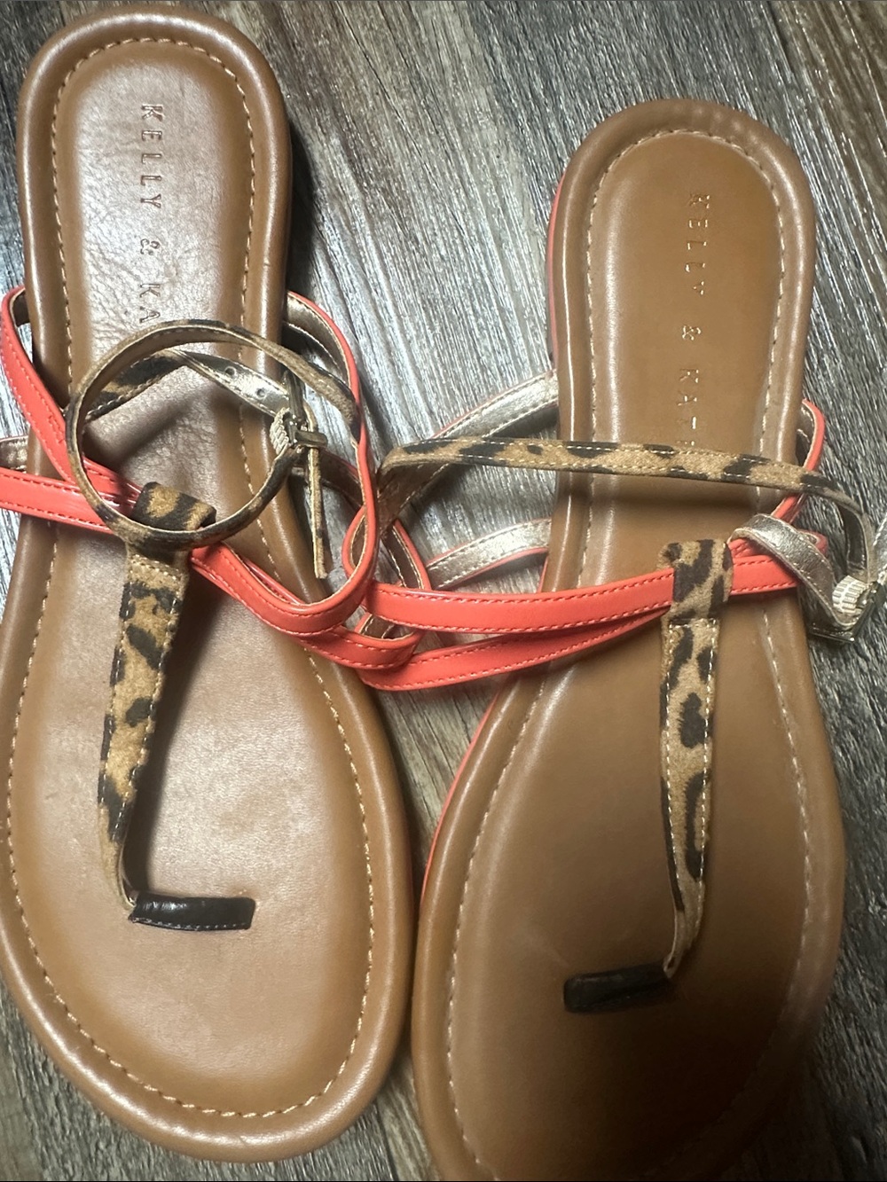 Kelly & Katie Coral and Leopard Print Strappy Flat Sandals